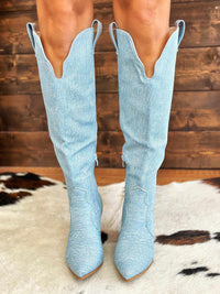 Thumbnail for Knee high blue denim western boots.