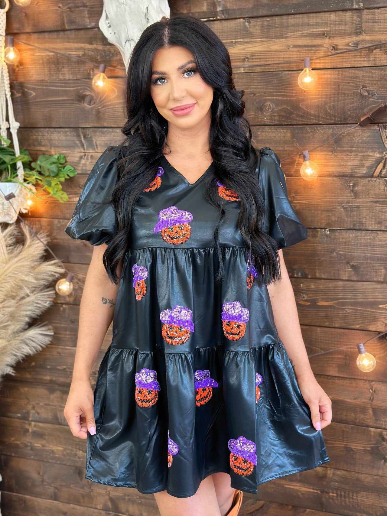 Halloween dress black faux leather with sequin pumpkins.