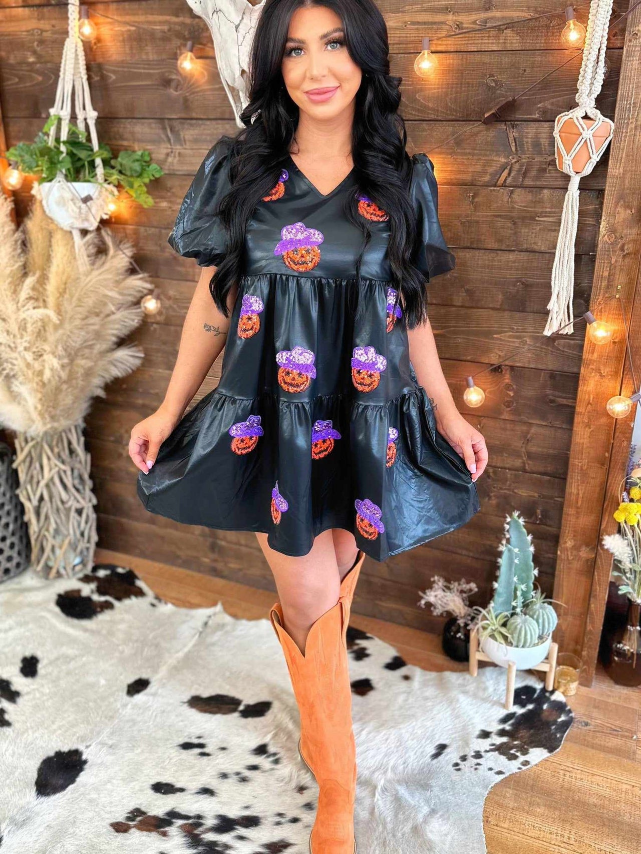 Halloween party dress. Black faux leather with sequin pumpkins.