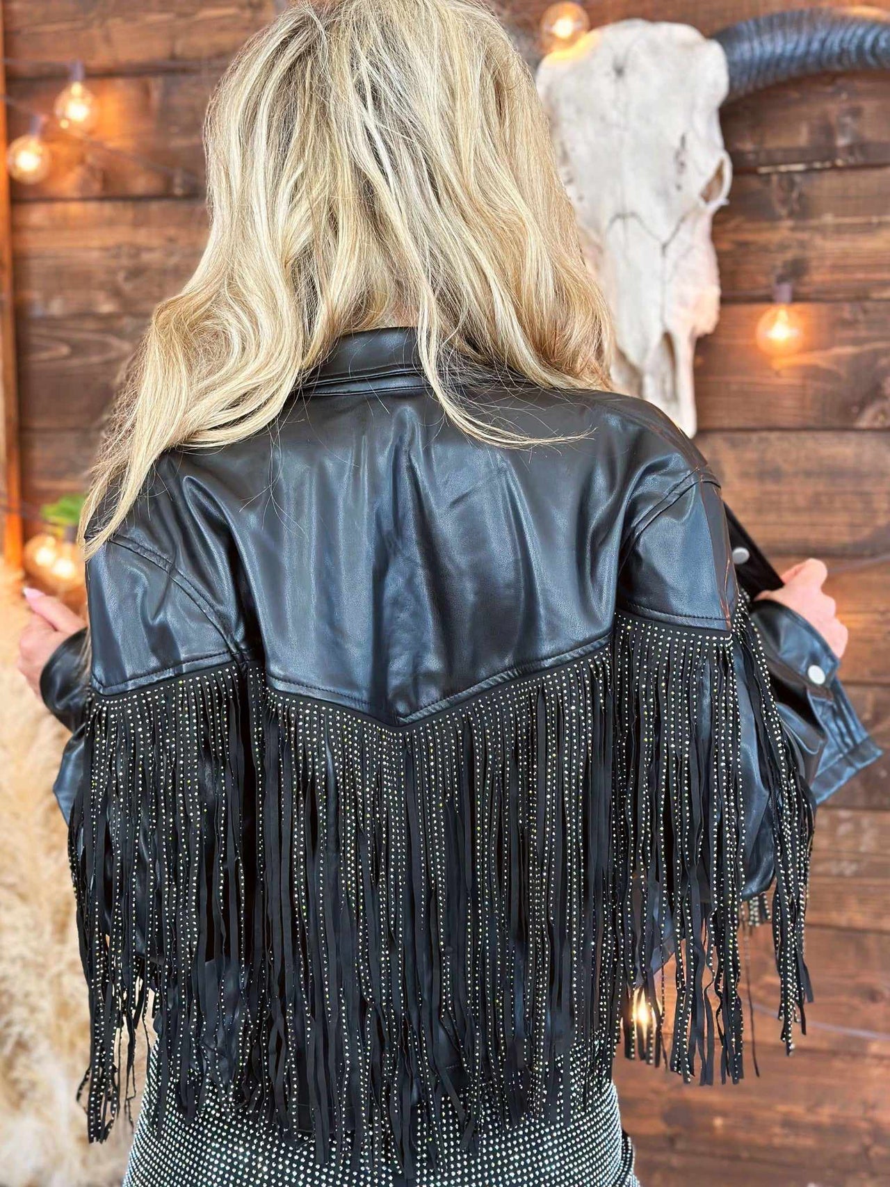 Fringe faux leather black jacket
