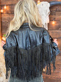 Thumbnail for Fringe faux leather black jacket