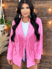 Thumbnail for Lightweight pink suede blazer with fringe