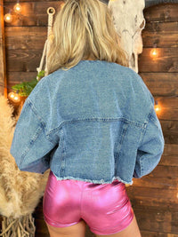 Thumbnail for Distressed cropped jean jacket.