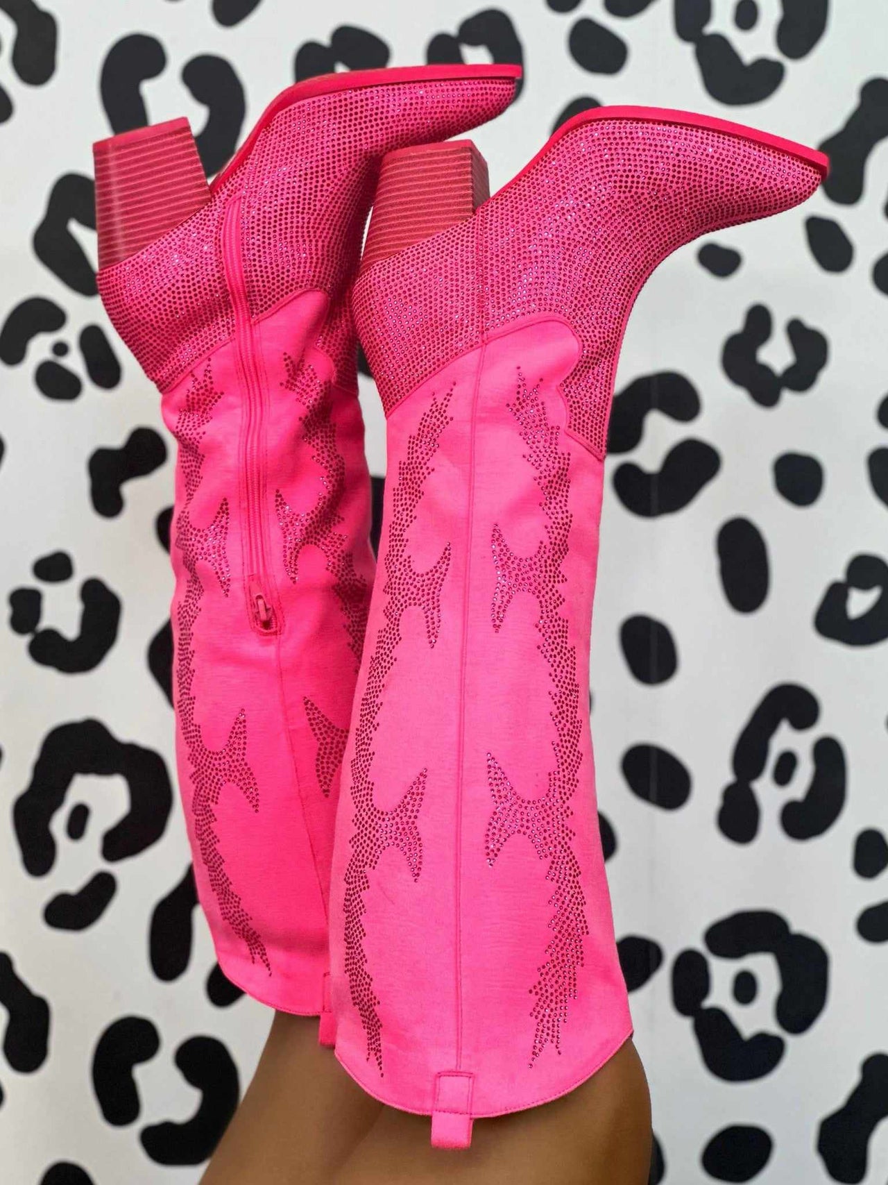 Wide calf pink rhinestone cowgirl boots.
