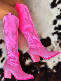 Thumbnail for Pink knee high rhinestone cowgirl boots