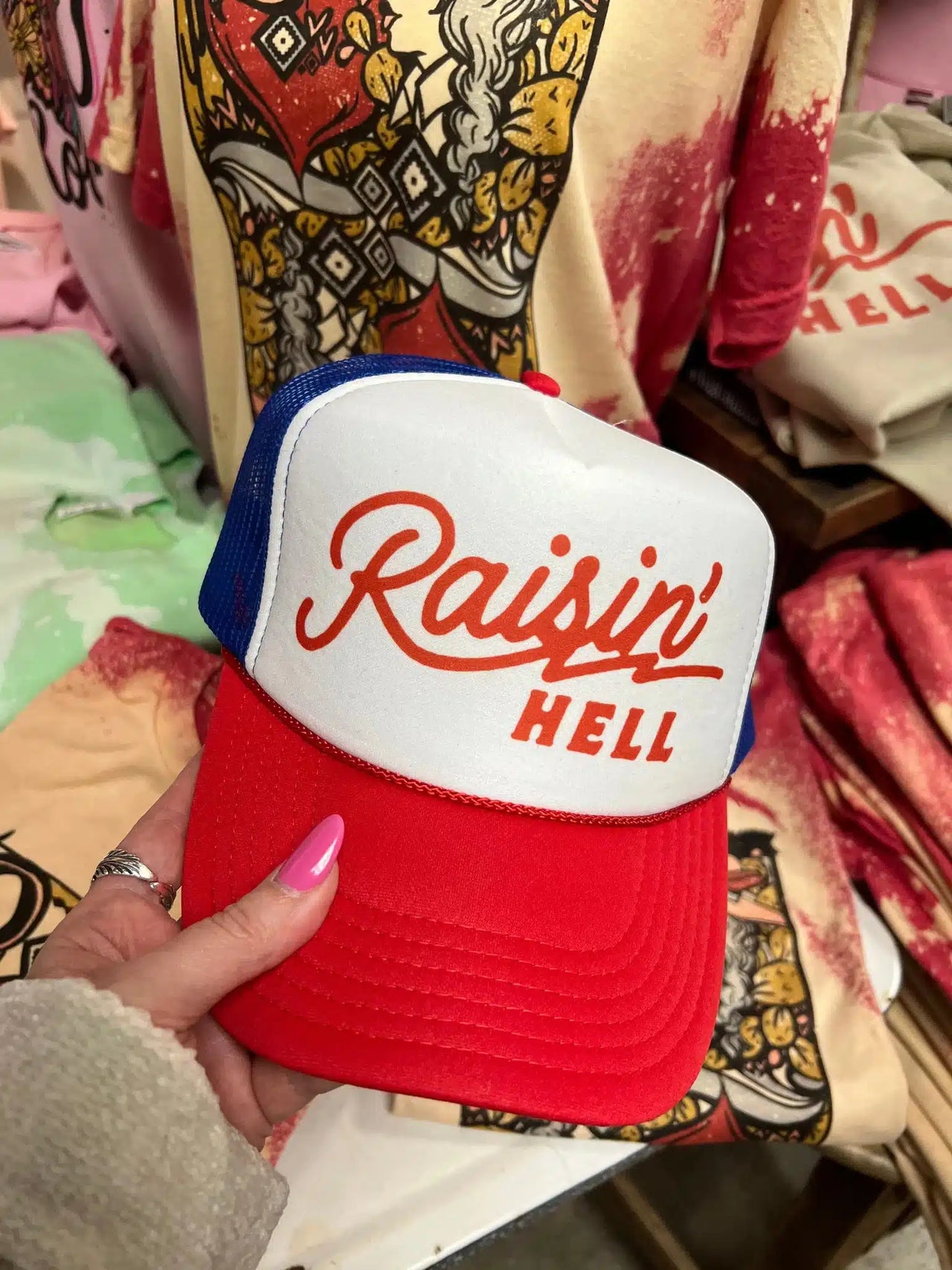 Raisin Hell Trucker Hat - Red White and Blue