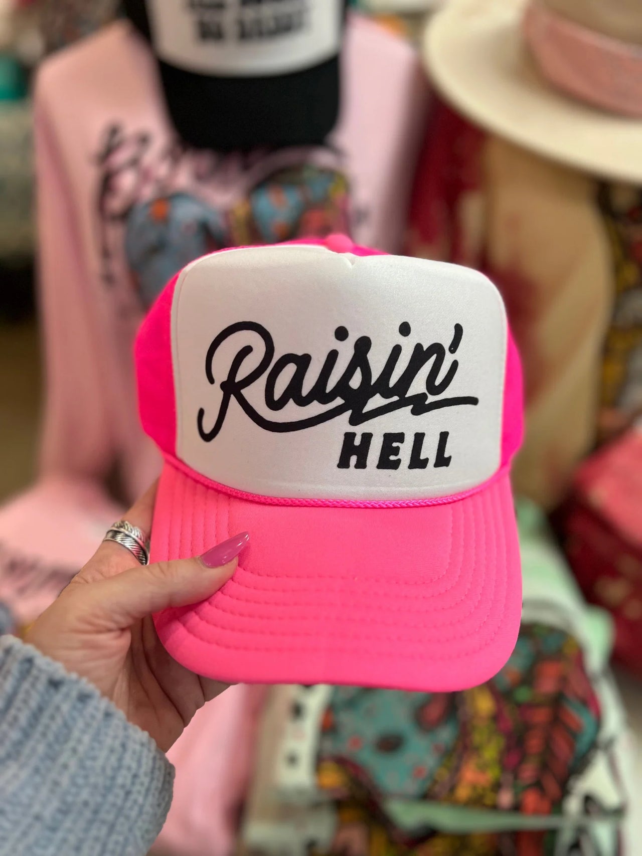 Raisin Hell Trucker Hat - Neon Pink and White