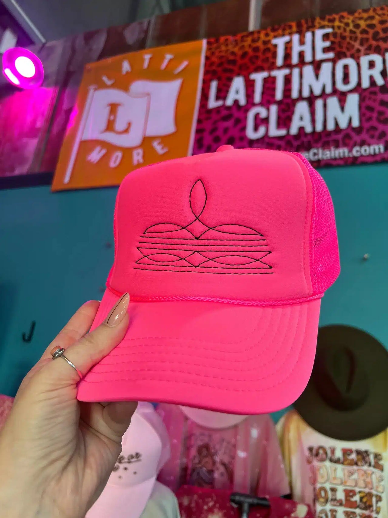 Western Boot Stitch Trucker Hat - Neon Pink