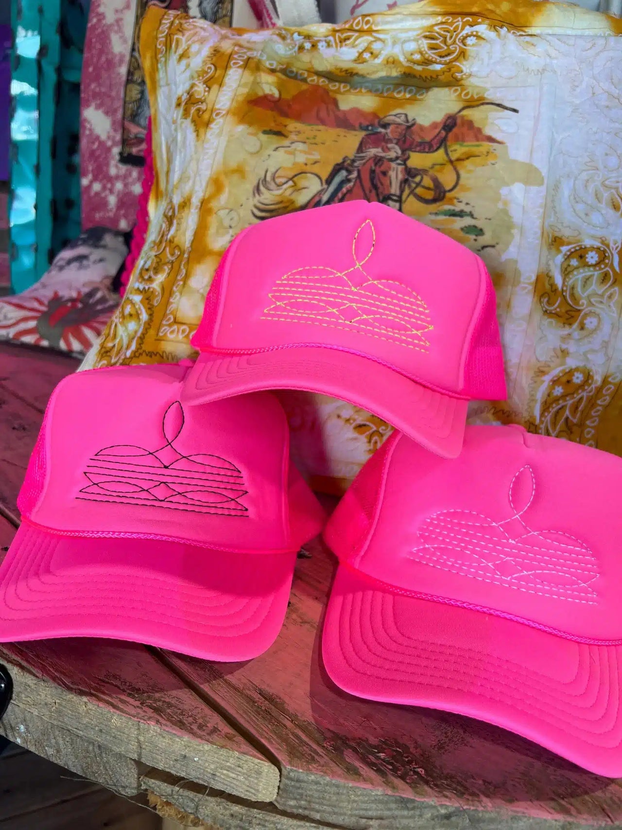 Western Boot Stitch Trucker Hat - Neon Pink
