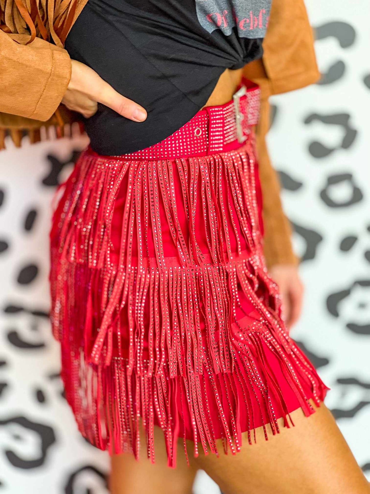 Red western style fringe mini skirt.