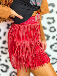 Thumbnail for Red western style fringe mini skirt.