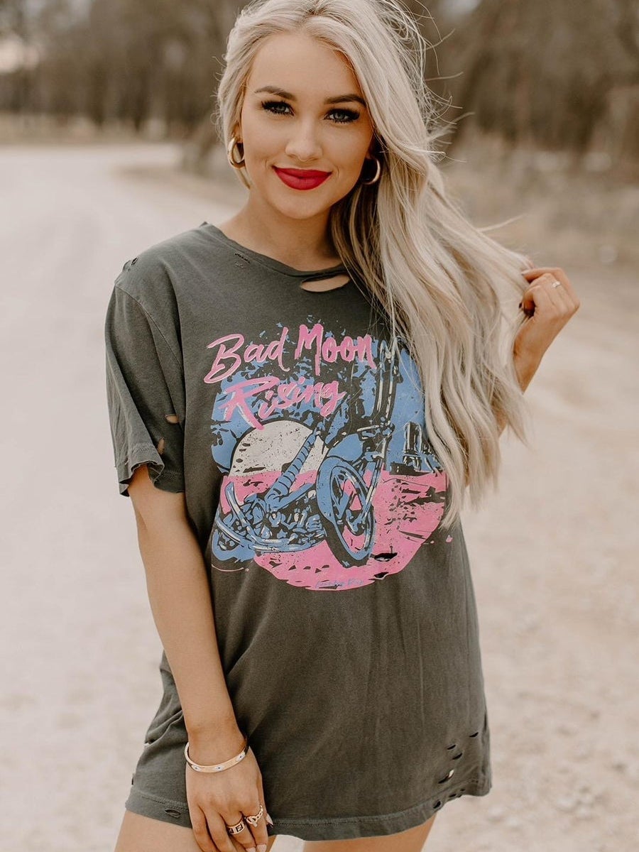 Bad Moon Rising Distressed Tee-T Shirts-Southern Fried Chics