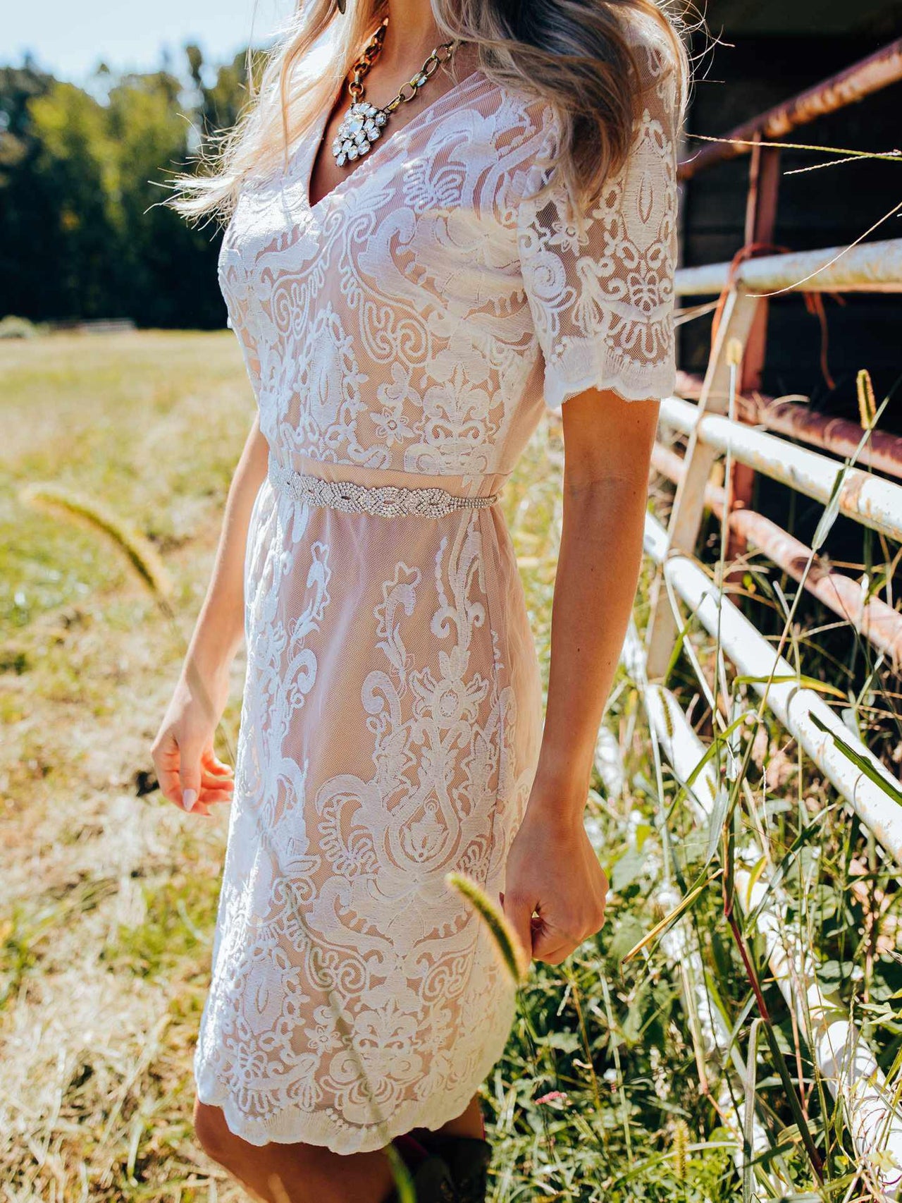 Bridal White Lace Dress with Tan Lining-Dresses-Southern Fried Chics