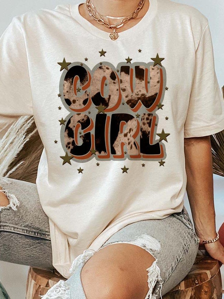 Cowgirl And Stars Tee - Natural-T Shirts-Southern Fried Chics