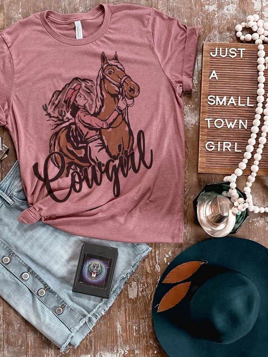 Cowgirl Horse Tee - Mauve-T Shirts-Southern Fried Chics