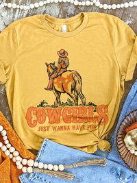 Thumbnail for Cowgirls Just Wanna Have Fun Tee - Mustard-T Shirts-Southern Fried Chics