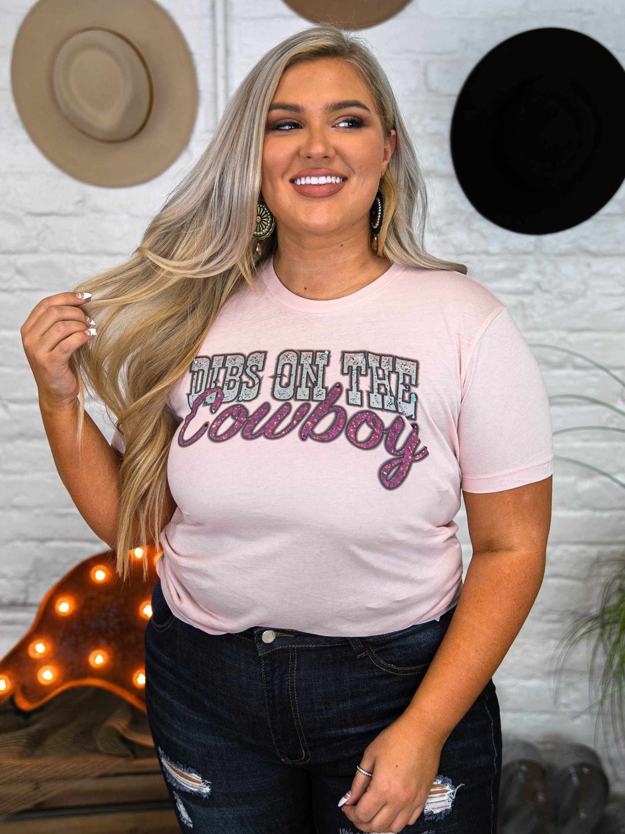 Dibs On The Cowboy Tee - Faded Pink-T Shirts-Southern Fried Chics