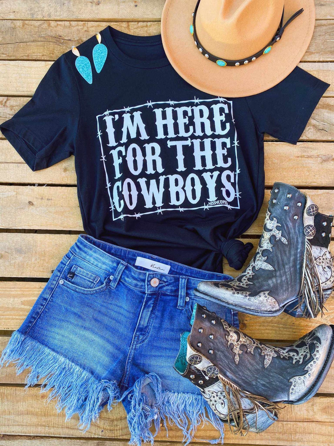 Here For The Cowboys Tee - Black-T Shirts-Southern Fried Chics