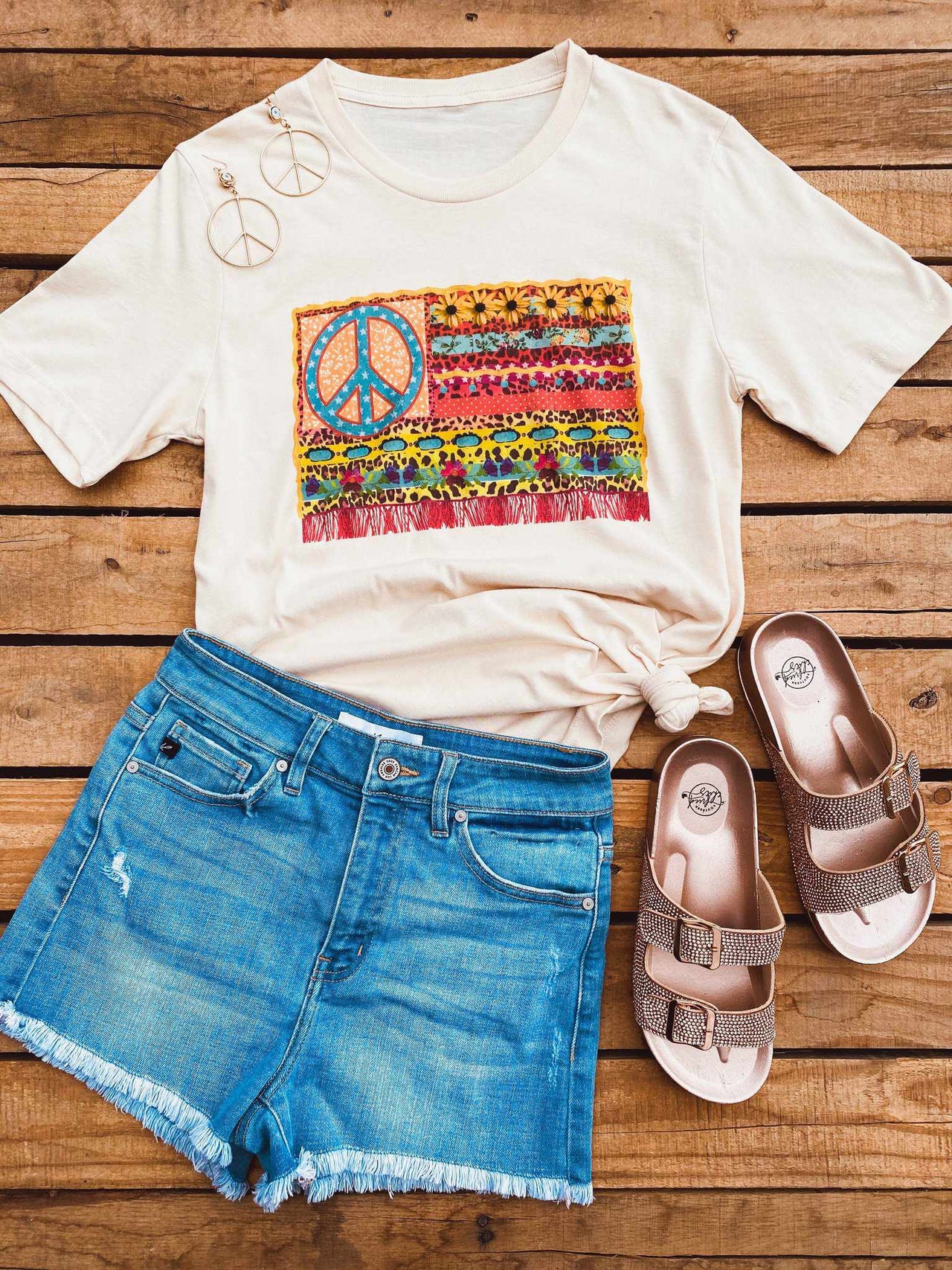 Hippie Peace American Flag Tee - Soft Cream-T Shirts-Southern Fried Chics
