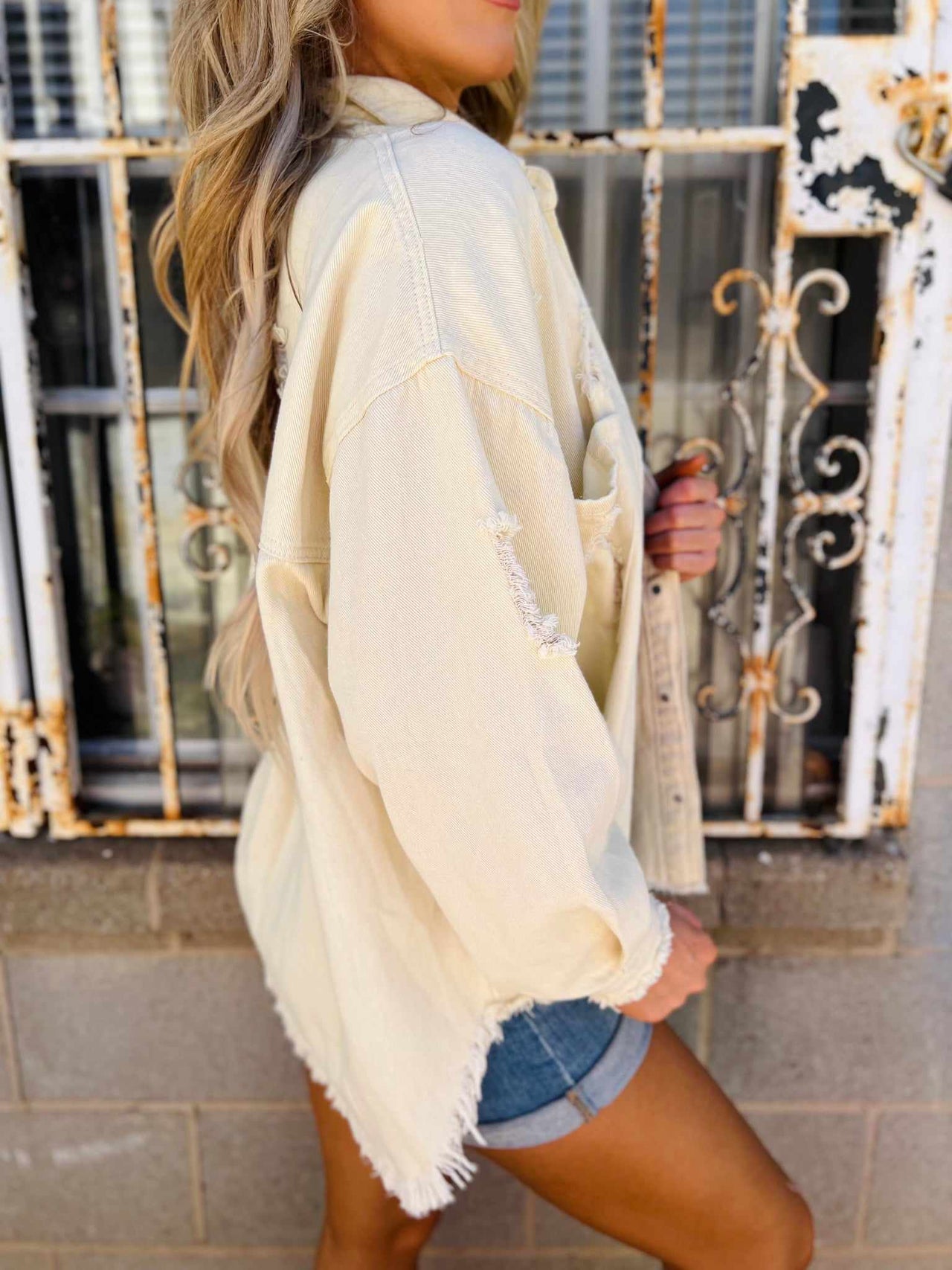 Downtown Distressed Shacket - Cream