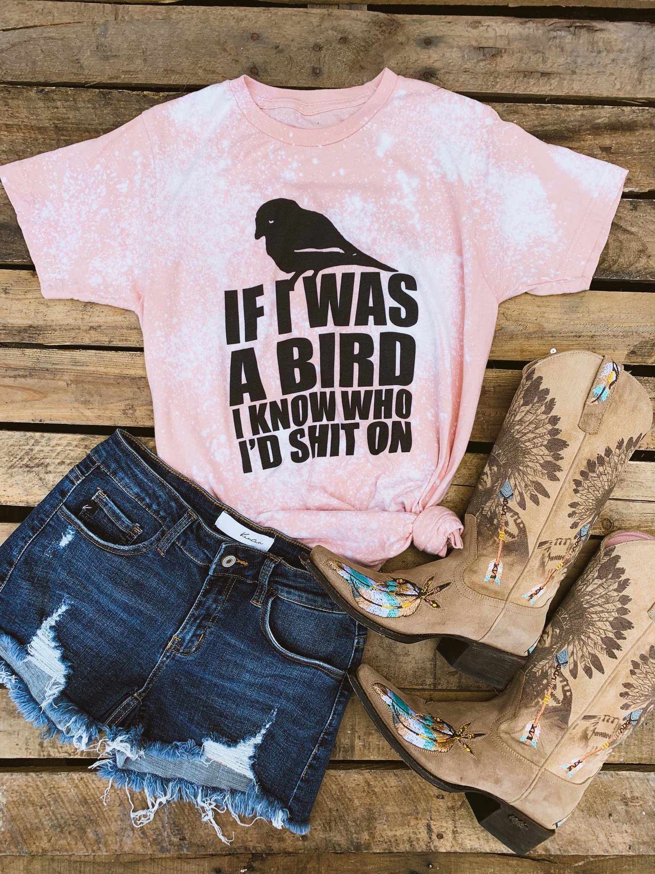 If I Was A Bird Bleached Tee - Peach-T Shirts-Southern Fried Chics
