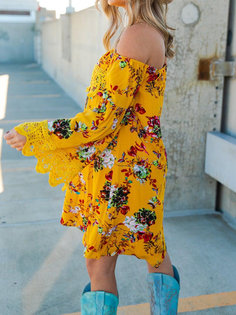 Lace Talk About It Tunic Dress - Mustard Floral-Dresses-Southern Fried Chics