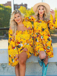 Thumbnail for Lace Talk About It Tunic Dress - Mustard Floral-Dresses-Southern Fried Chics