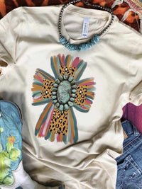 Thumbnail for Leopard Cross With Turquoise Stone Tee - Cream-T Shirts-Southern Fried Chics