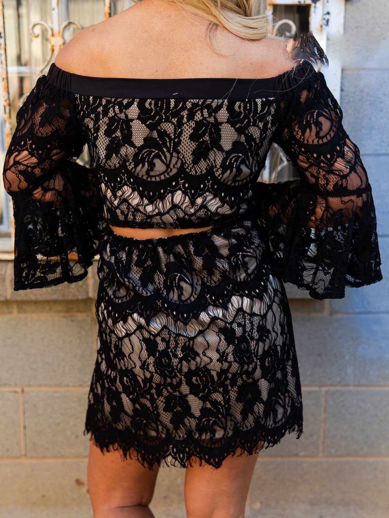 Locked in Lace Off Shoulder Dress - Black with Neutral Lining-Dresses-Southern Fried Chics