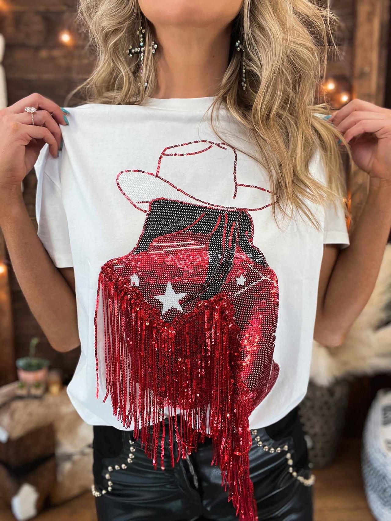 Party Up Cowgirl Sequin Fringe Shirt - Red