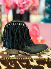 Thumbnail for Black leather fringe booties.