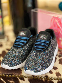 Thumbnail for Black and blue glitter sneakers.