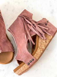 Thumbnail for Blush pink suede wedge sandals with fringe.