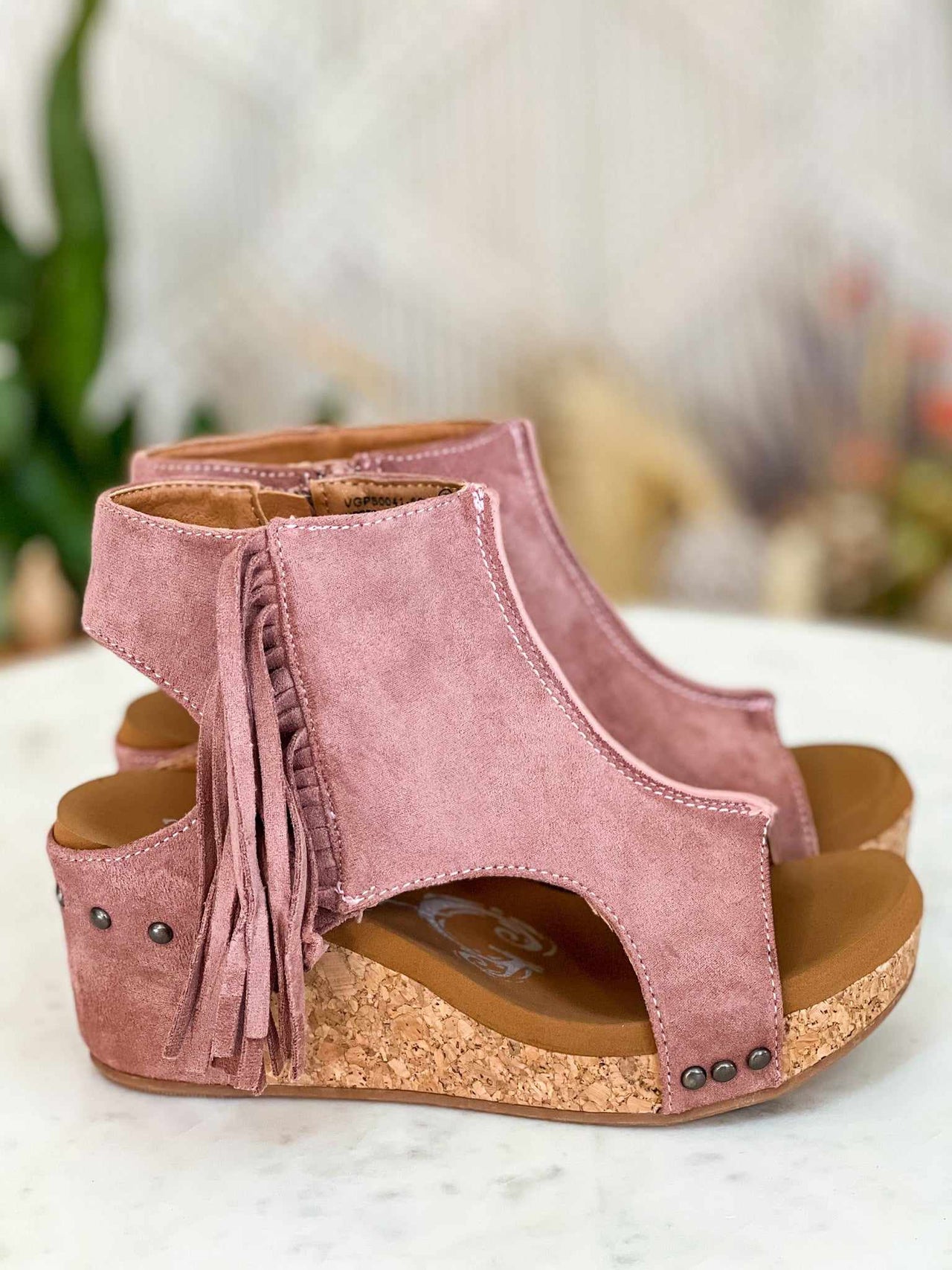 Blush pink suede platform wedge sandals