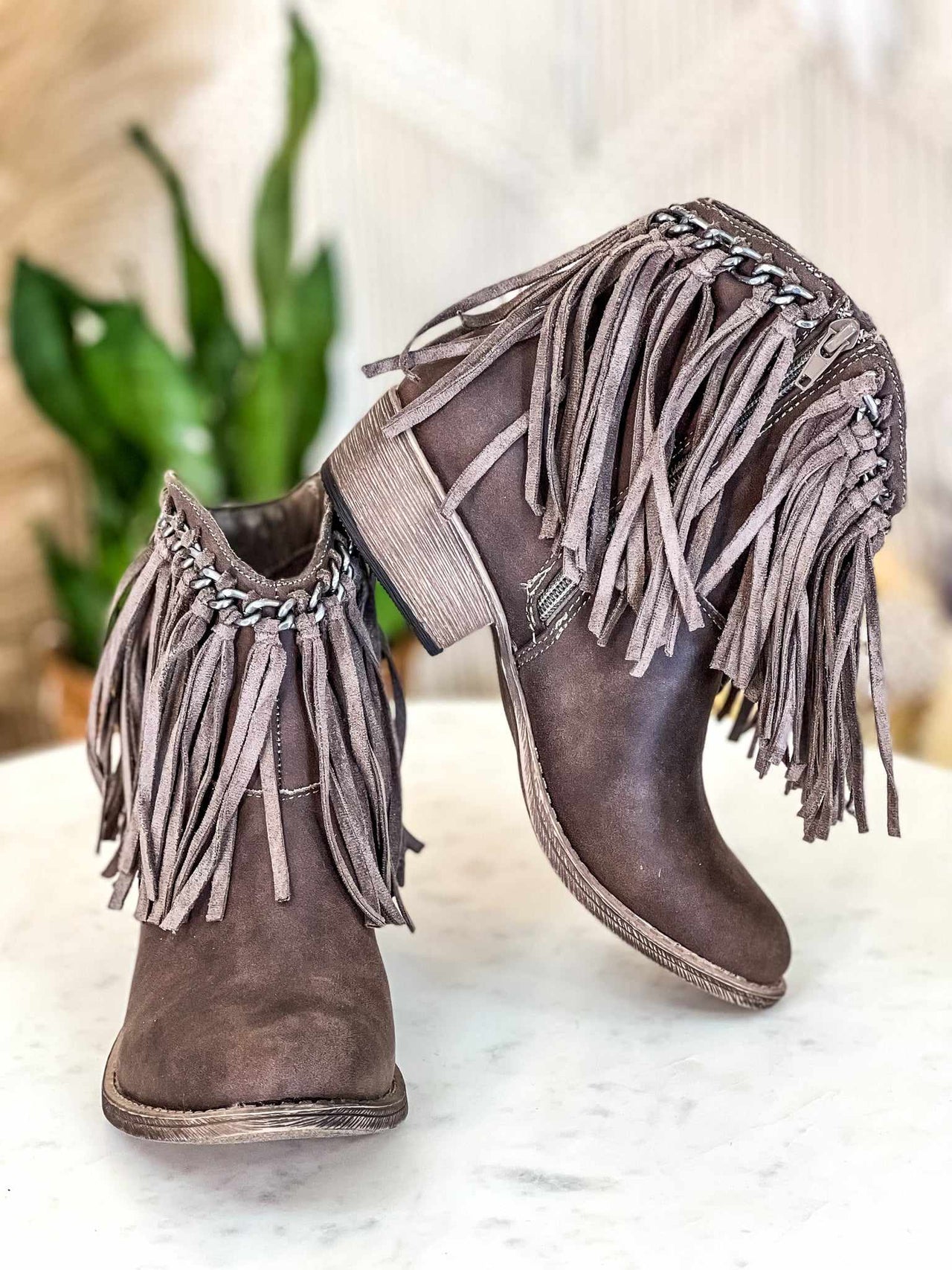 Full Of Fringe Taupe Bootie