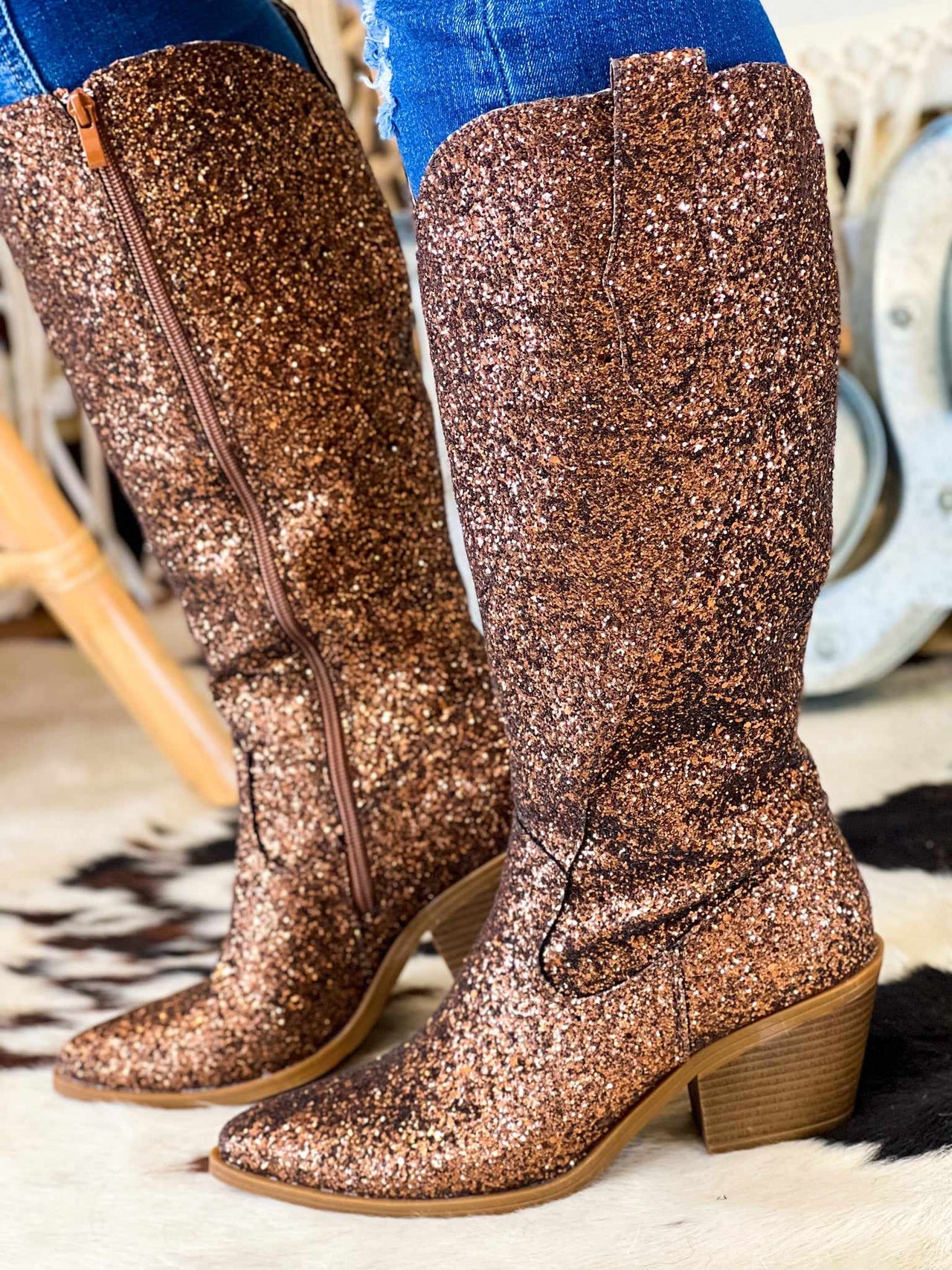 Metallic brown wide calf boots.