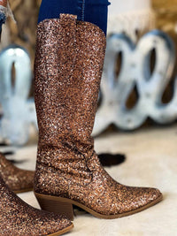 Thumbnail for Metallic glitter brown western boots.