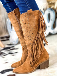 Thumbnail for Brown suede fringe western boots.