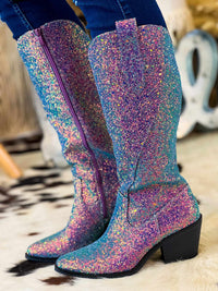 Thumbnail for Purple blue ombre glitter western boots.