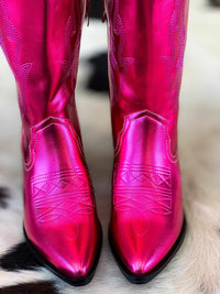Thumbnail for High Vibin' Me Metallic Hot Pink Mid Rise Boots - Wide Calf