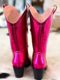 Thumbnail for High Vibin' Me Metallic Hot Pink Mid Rise Boots - Wide Calf