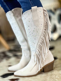 Thumbnail for White suede fringe western boots with studs.