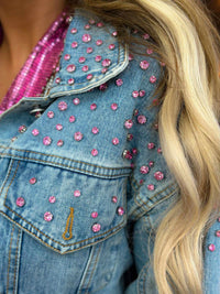 Thumbnail for Pink gem studded jean jacket for women.