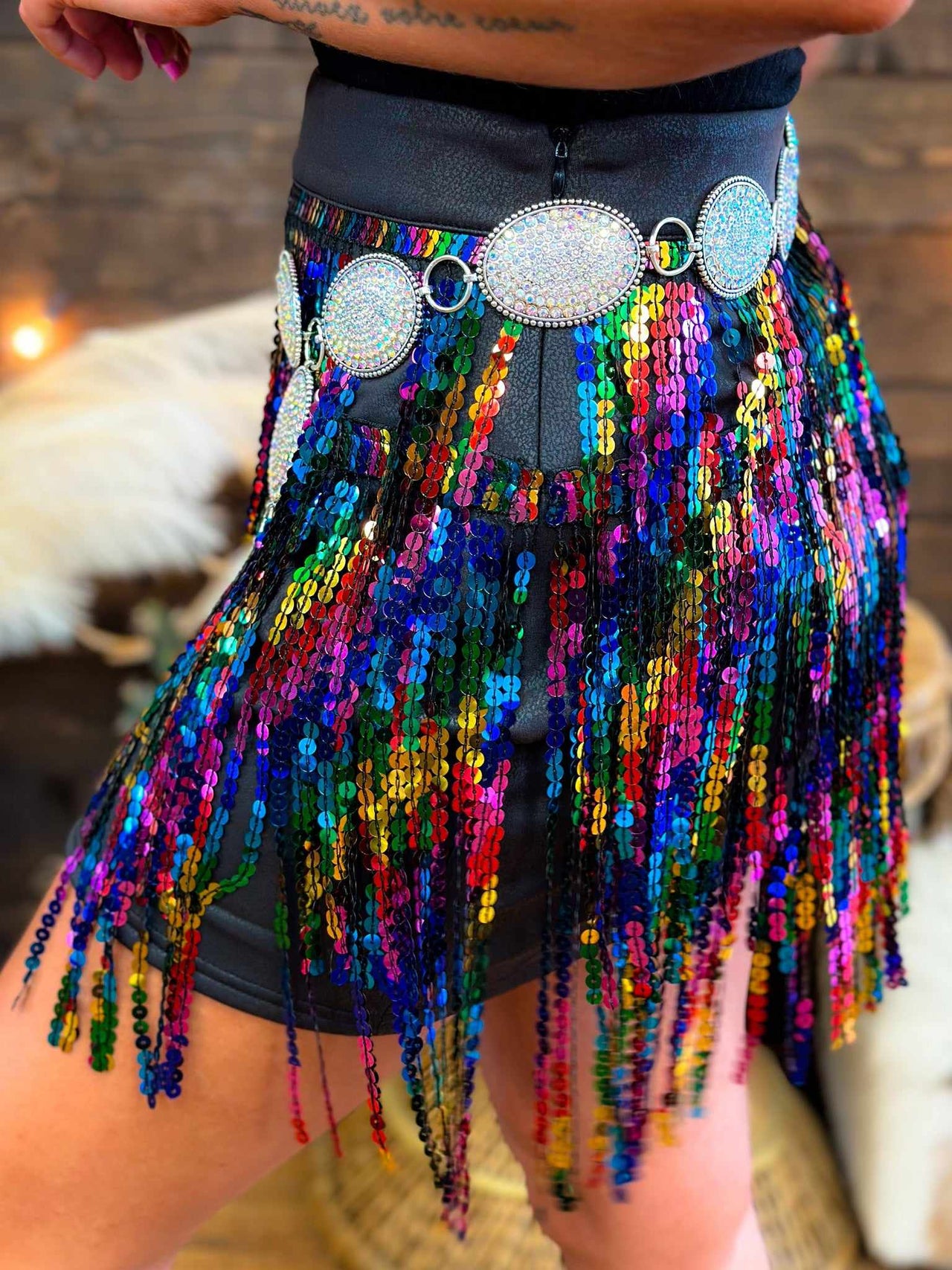 MIni skirt with multi color sequin fringe overlay