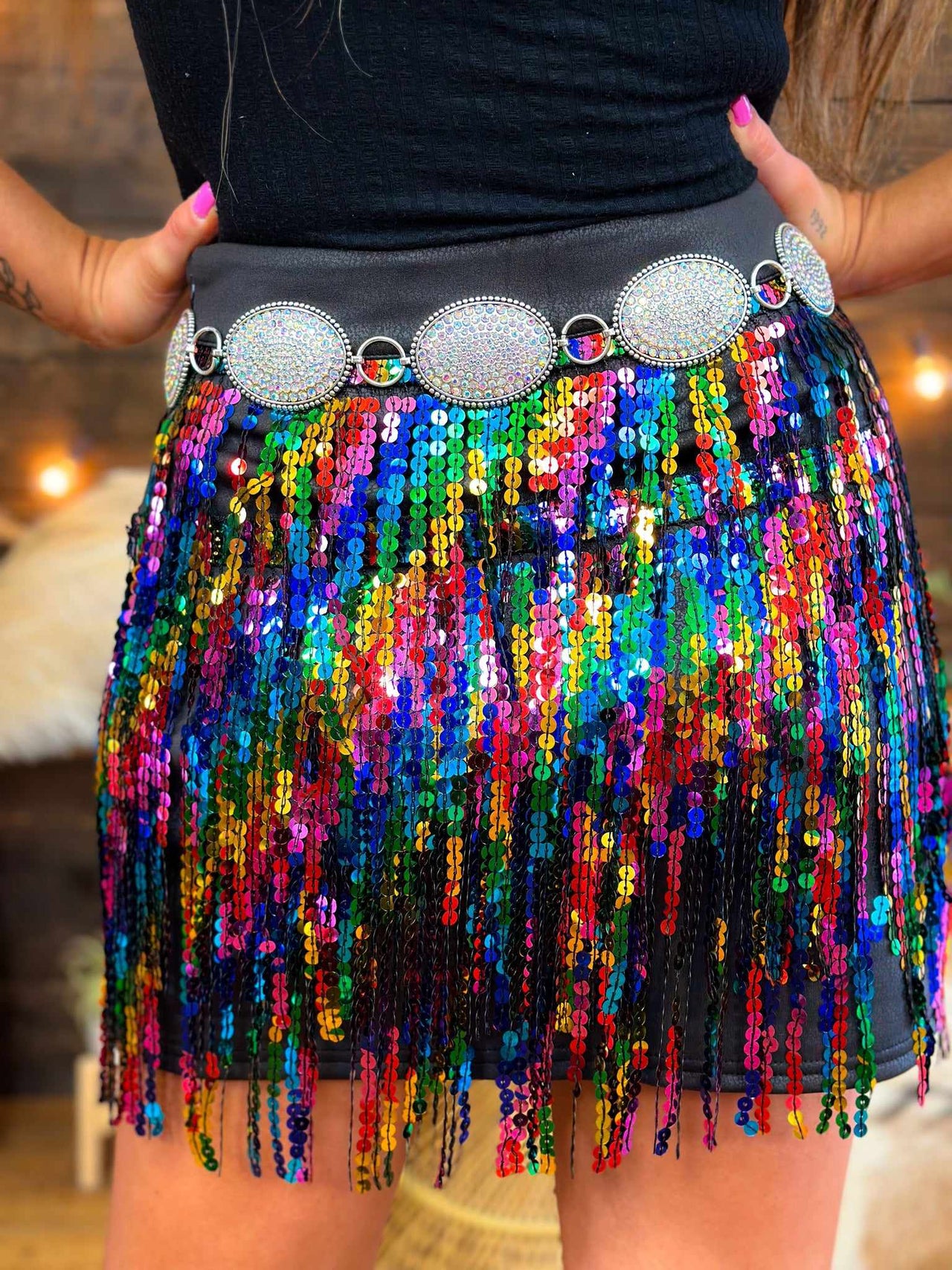 Rainbow sequin fringe mini skirt.