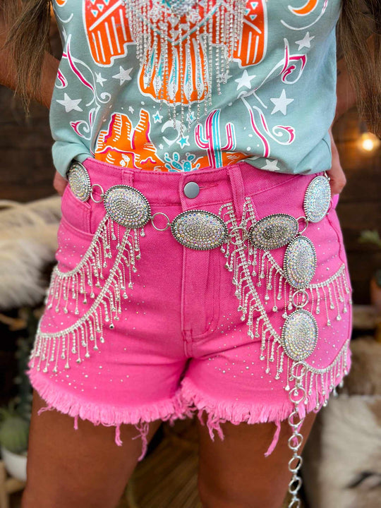 Pink Cowgirl You Shine Blue Denim Rhinestone Shorts Medium
