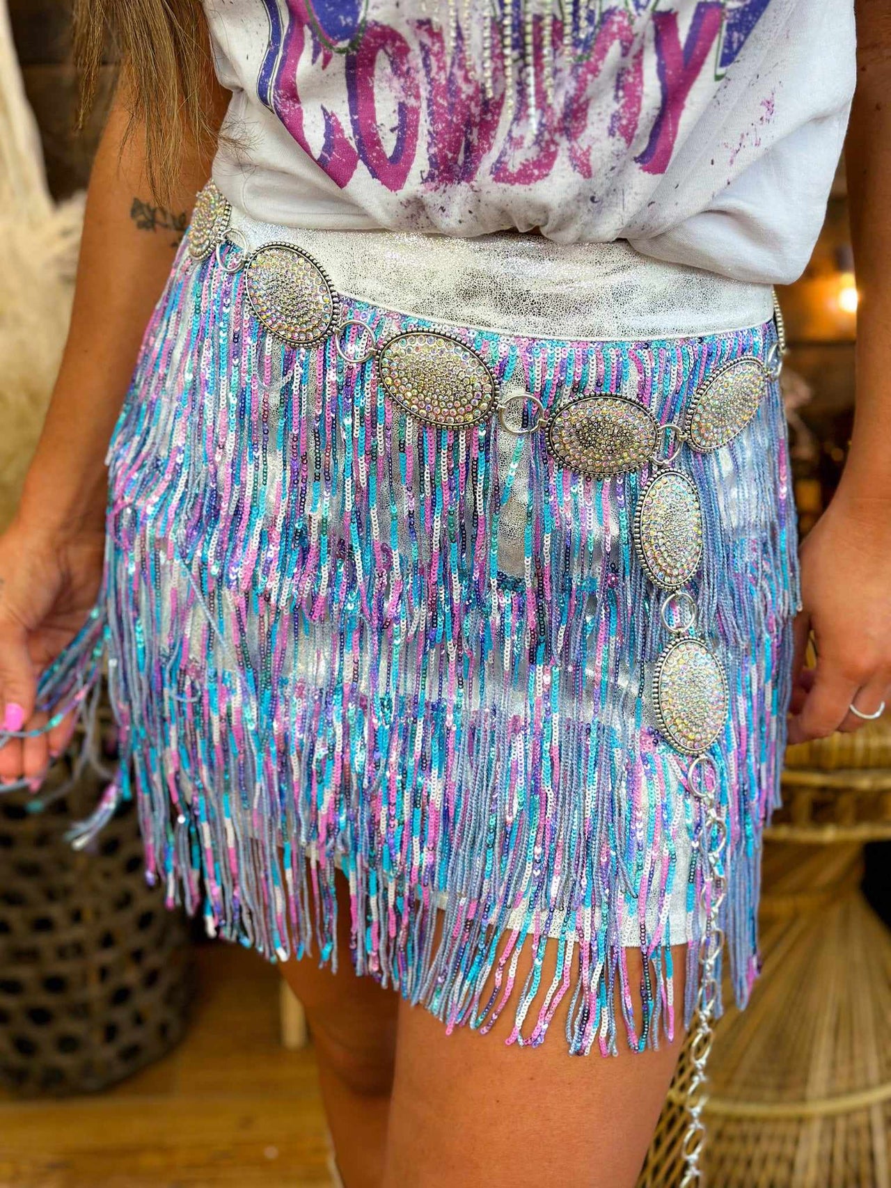 Multi color tiered sequin fringe skirt.