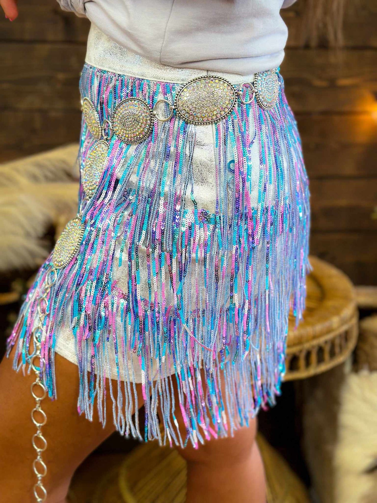 Tiered sequin fringe skirt in blue and pink.