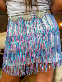 Thumbnail for Sequin fringe tiered mini skirt in blue and purple.