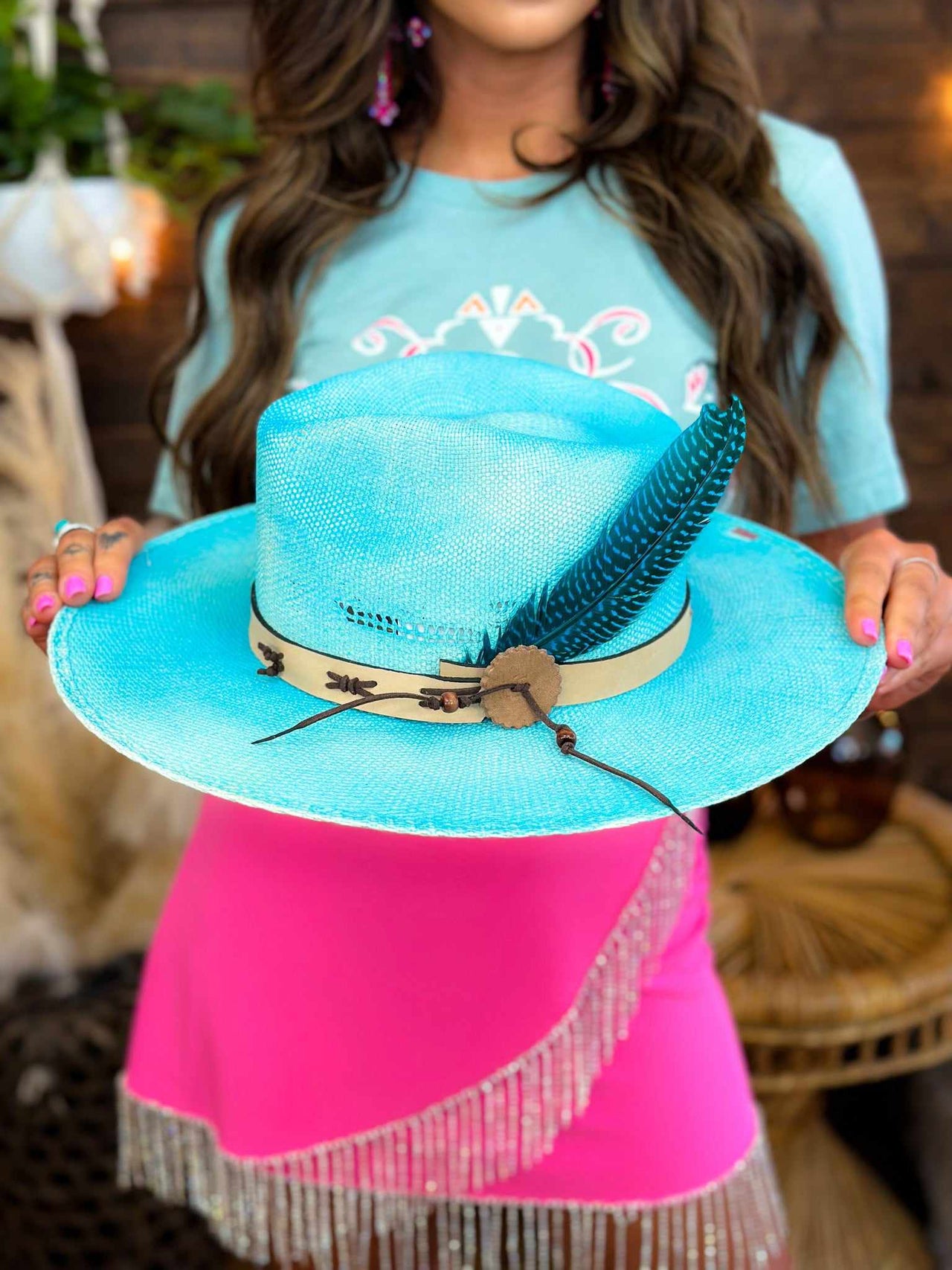 Couture wide brim hat with feather in turquoise.